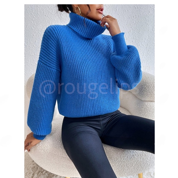 Blue Turtleneck Knit Pullover Sweater Long Sleeve - Picture 2 of 16
